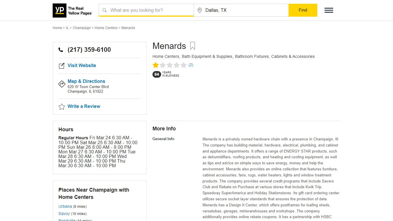 Menards 620 W Town Center Blvd, Champaign, IL 61822 - YP.com